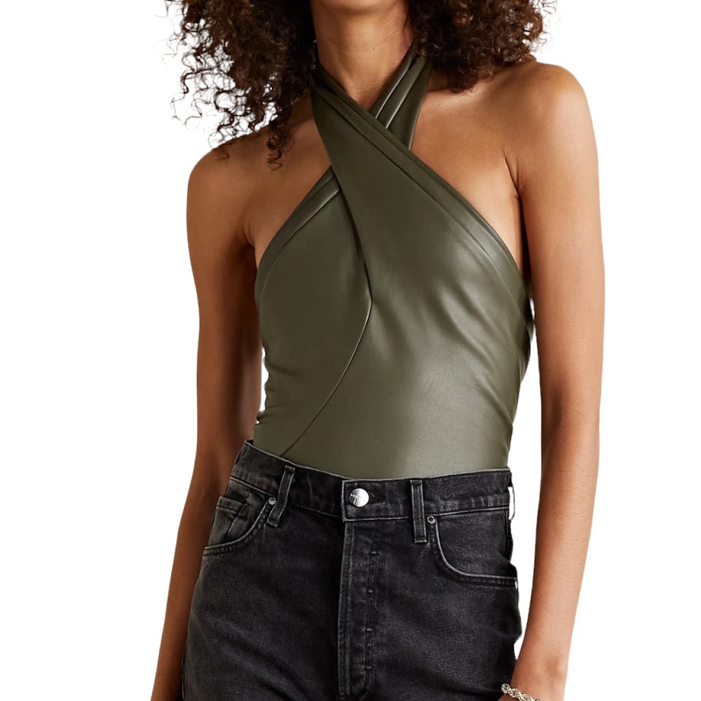 Alix NYC Faux Leather Bodysuit Halter Thong Olive Green L 8/10 NWT - Picture 12 of 12